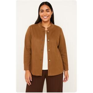 Pure Jill Brown Micro Suede Button Up Mandarin Collar Jacket Soft Minimalist 1X